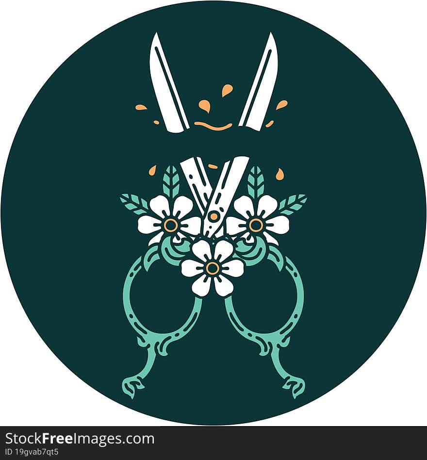 Tattoo Style Icon Of A Barber Scissors And Flowers