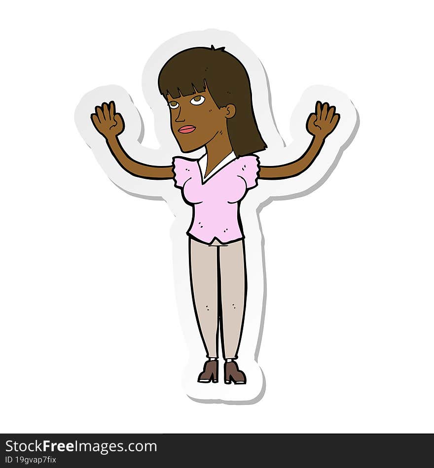 sticker of a cartoon woman throwing hands in air