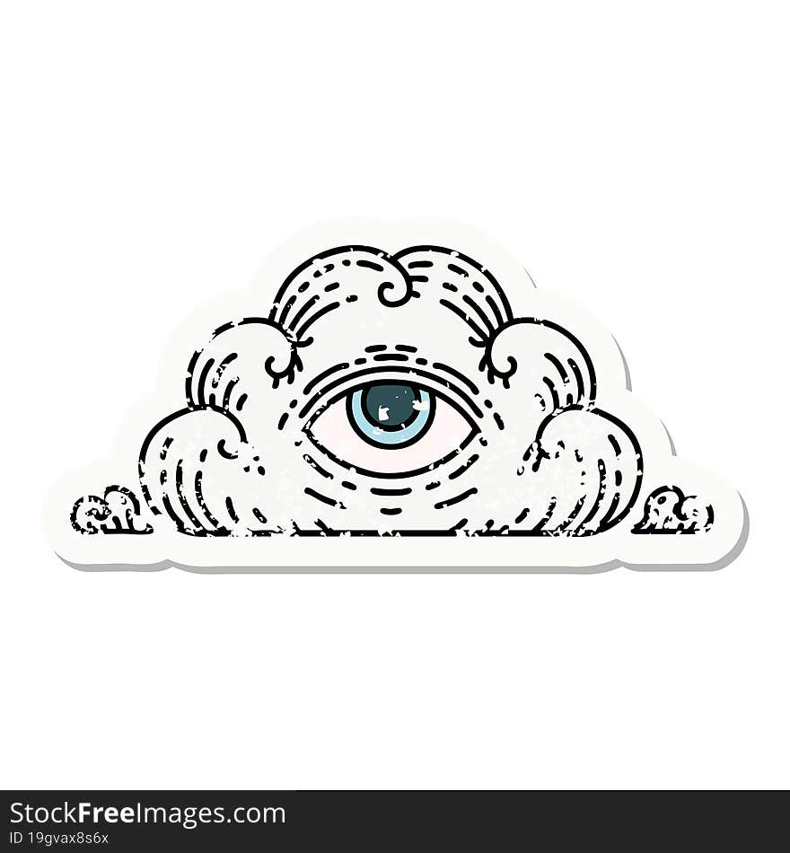 distressed sticker tattoo in traditional style of an all seeing eye cloud. distressed sticker tattoo in traditional style of an all seeing eye cloud