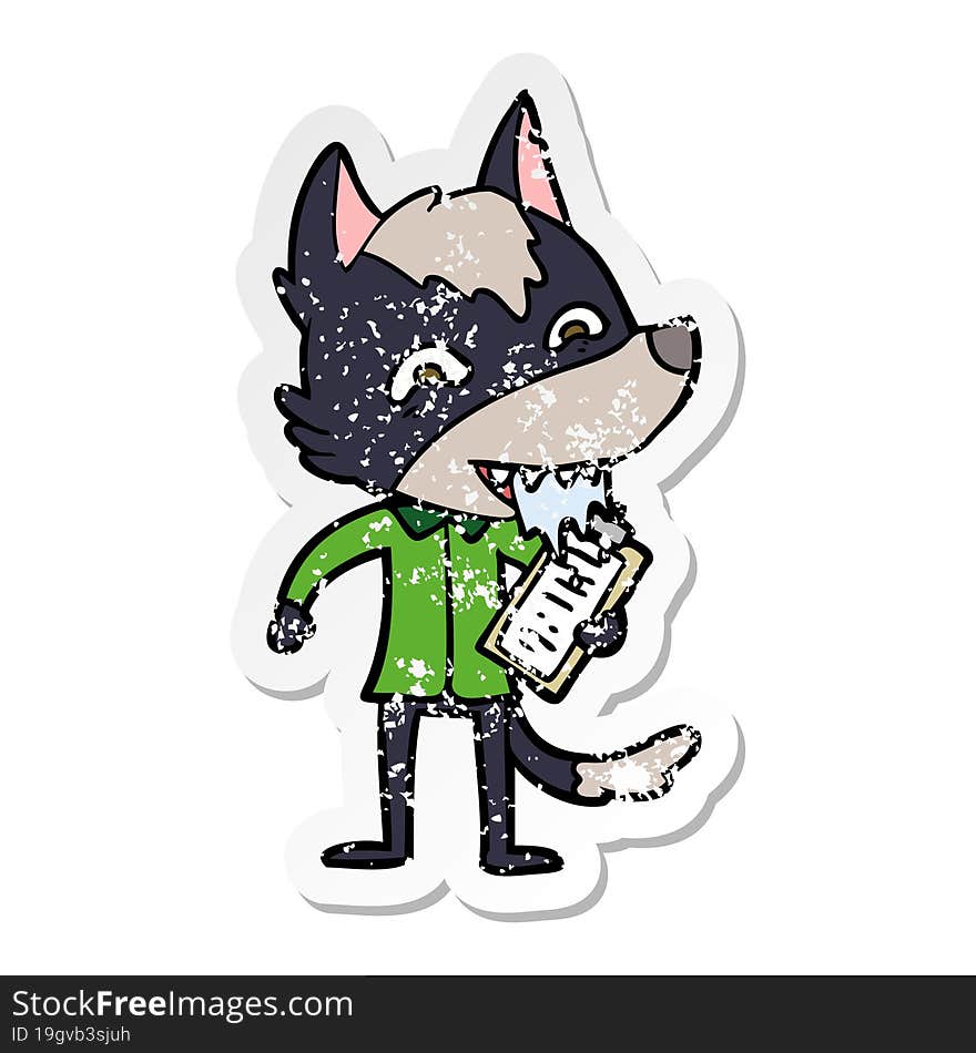 distressed sticker of a cartoon hungry wolf with clip board