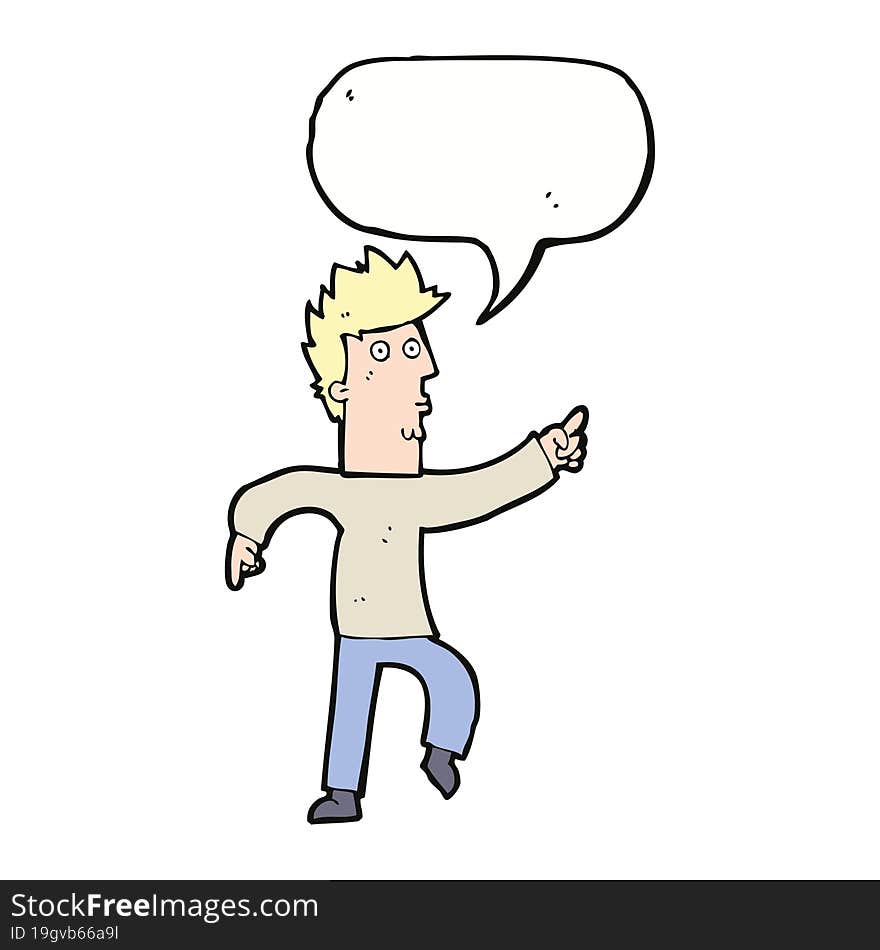 cartoon worried man pointing with speech bubble