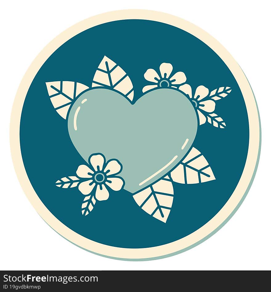 sticker of tattoo in traditional style of a botanical heart. sticker of tattoo in traditional style of a botanical heart