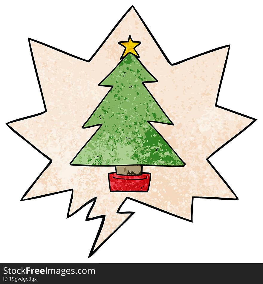 cartoon christmas tree with speech bubble in retro texture style