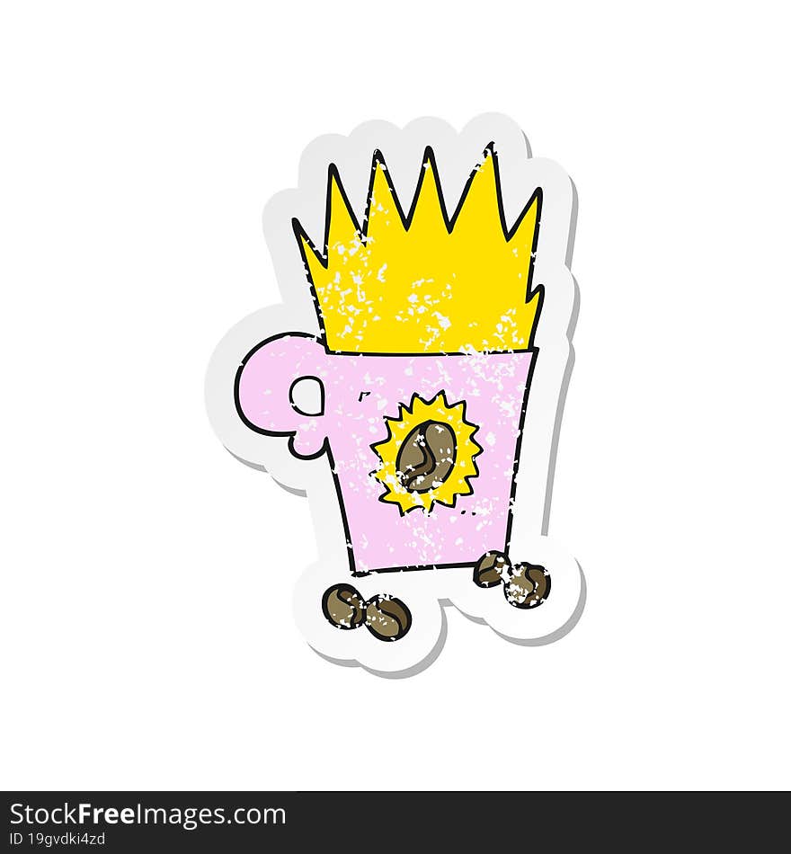 retro distressed sticker of a cartoon crazy powerful coffee