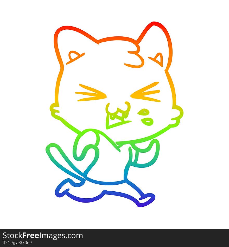 rainbow gradient line drawing of a cartoon cat hissing