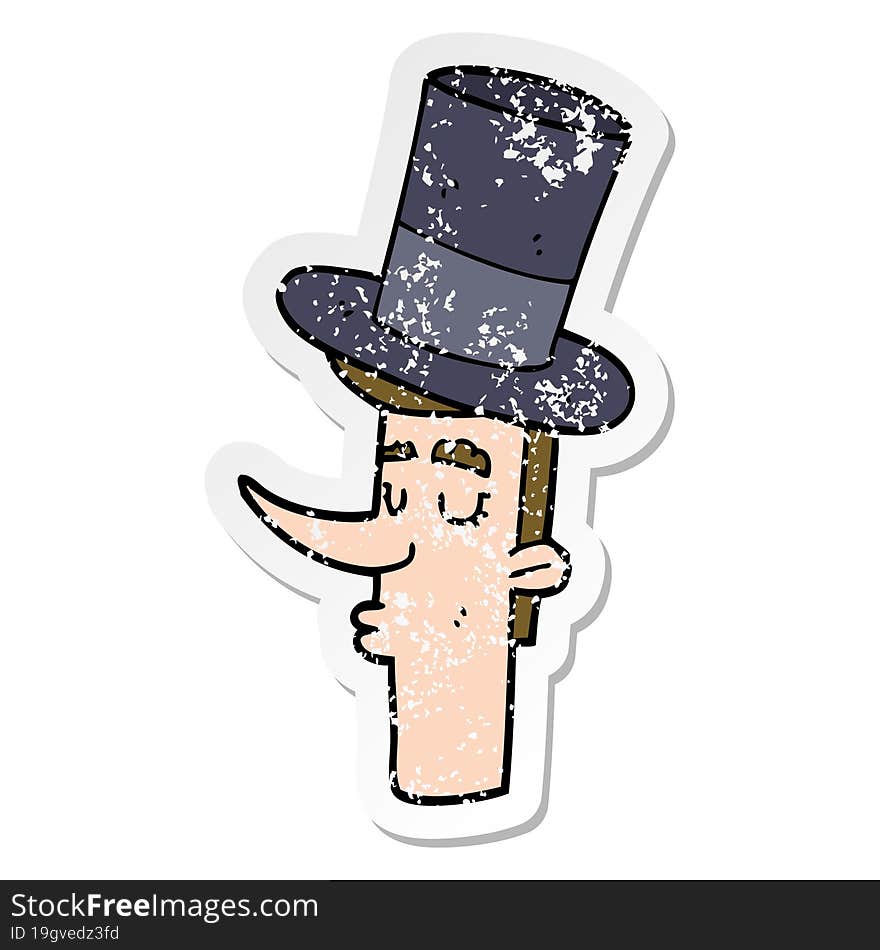 distressed sticker of a cartoon man wearing top hat