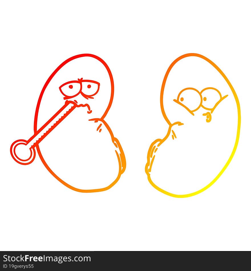 warm gradient line drawing of a cartoon unhealthy kidney