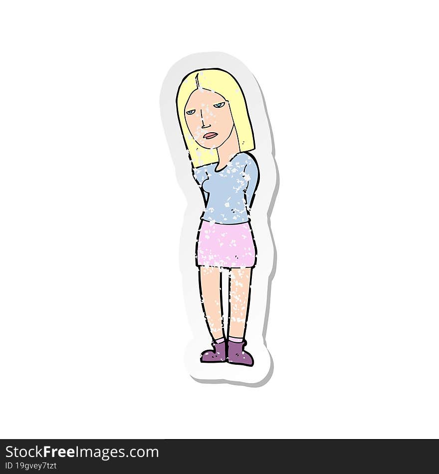 retro distressed sticker of a cartoon woman waiting