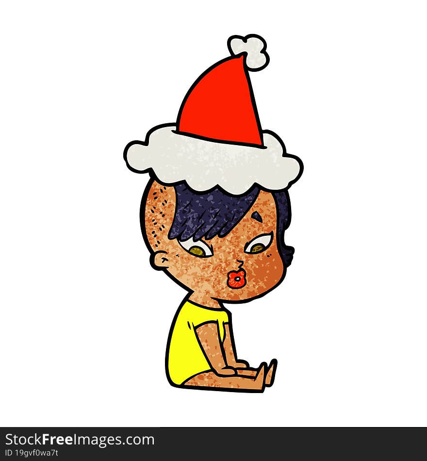 textured cartoon of a surprised girl wearing santa hat