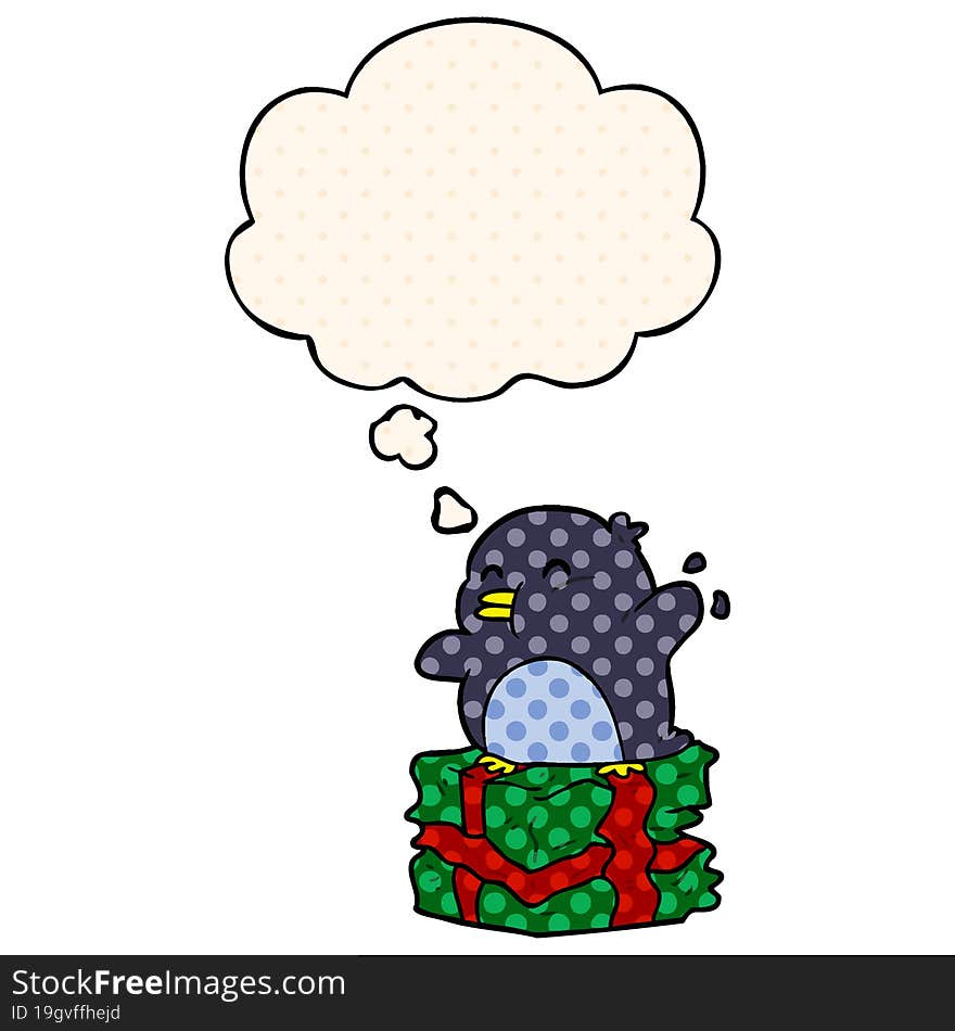 cartoon penguin on present with thought bubble in comic book style