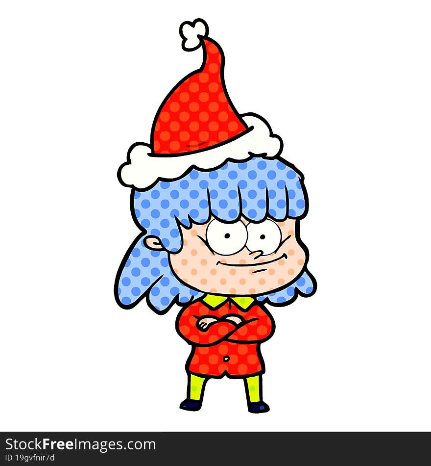 comic book style illustration of a smiling woman wearing santa hat