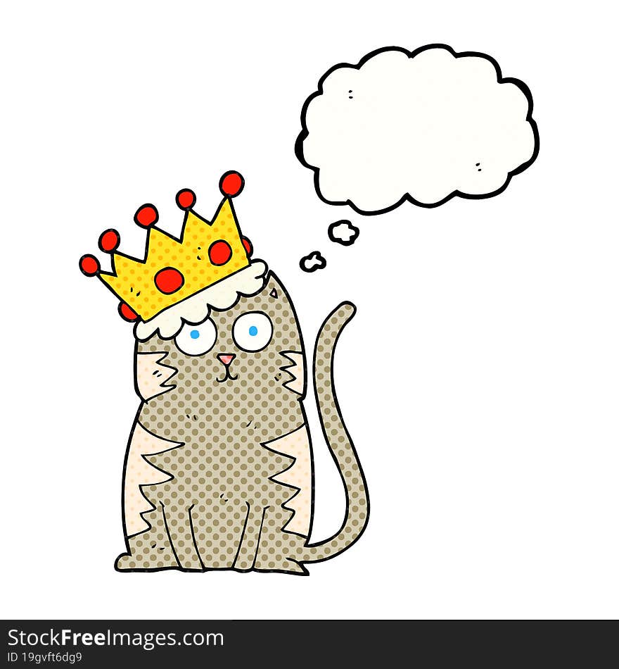 freehand drawn thought bubble cartoon cat with crown