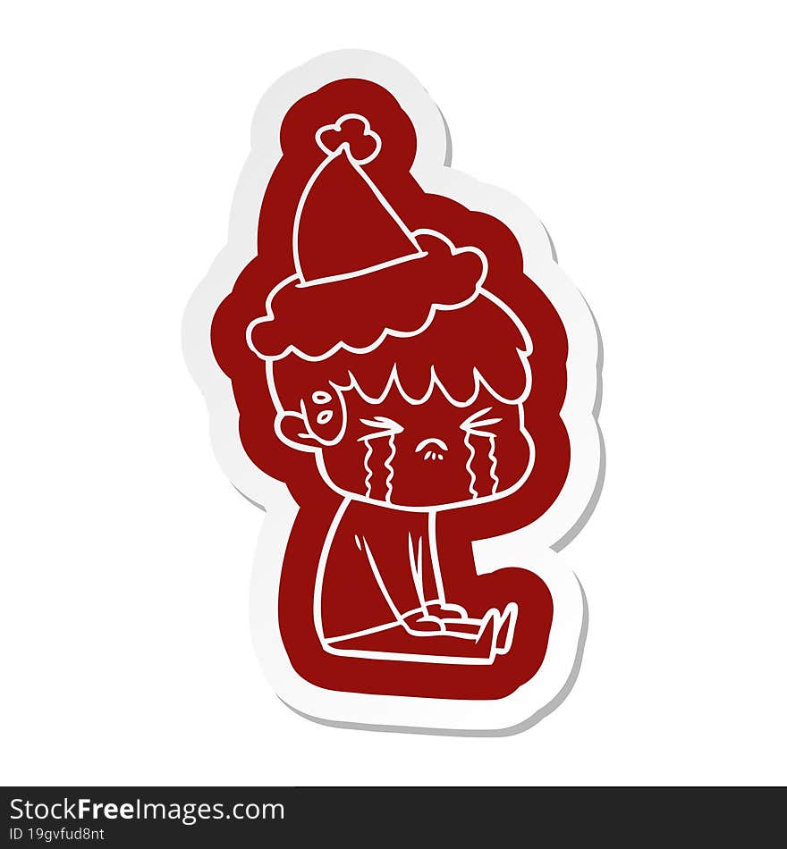 Cartoon  Sticker Of A Boy Crying Wearing Santa Hat