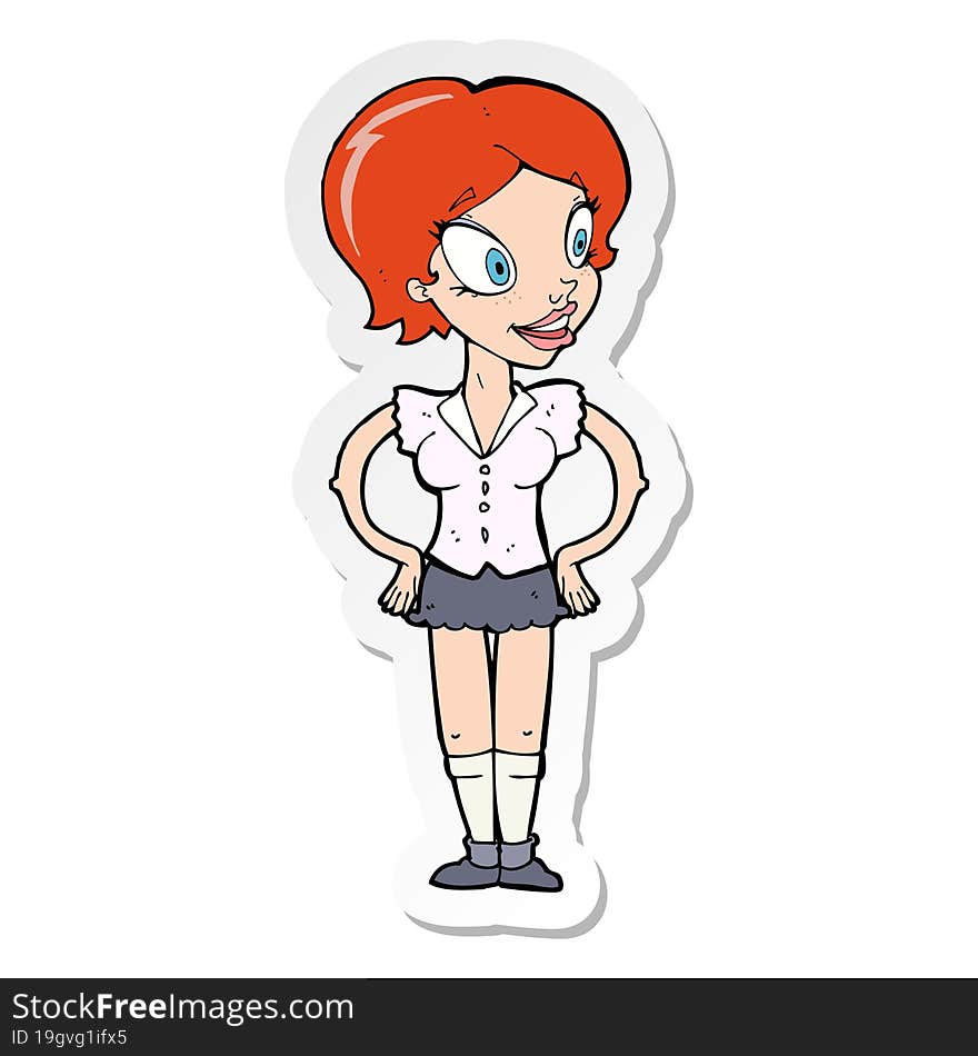 sticker of a cartoon happy woman in short skirt