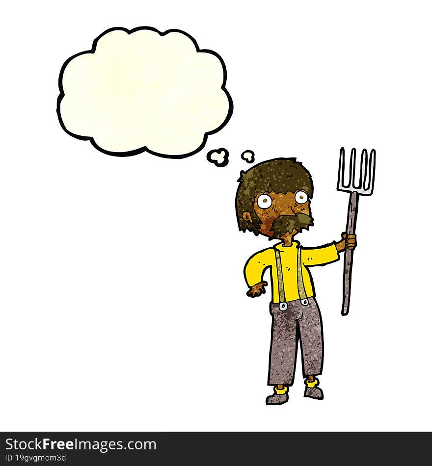 cartoon farmer with pitchfork with thought bubble