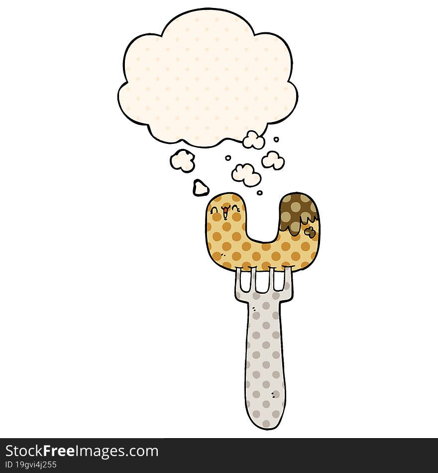 cartoon sausage on fork and thought bubble in comic book style