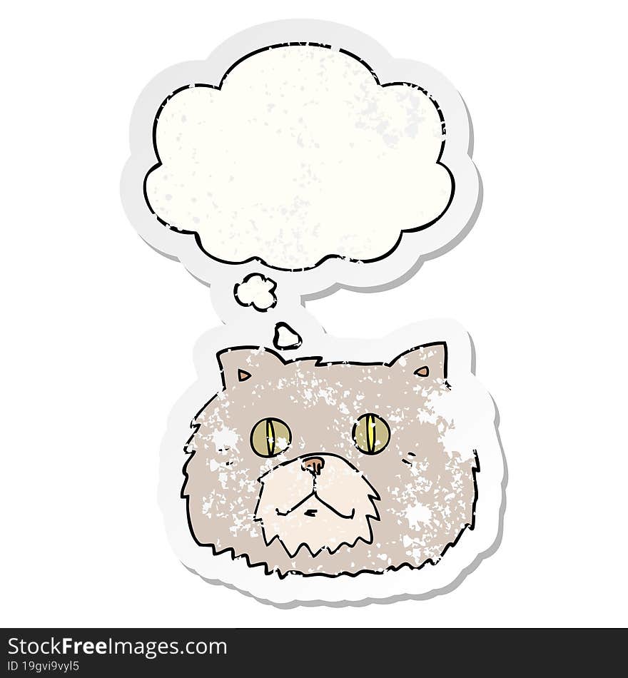 Cartoon Cat Face And Thought Bubble As A Distressed Worn Sticker