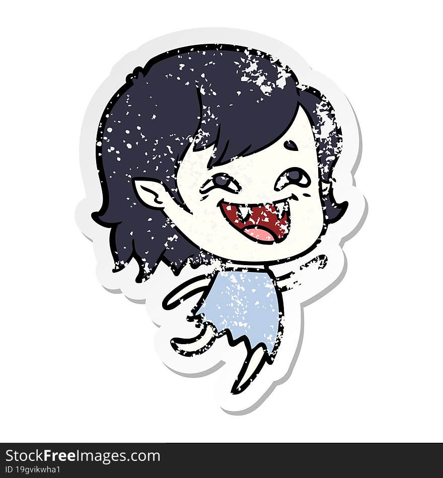 distressed sticker of a cartoon laughing vampire girl