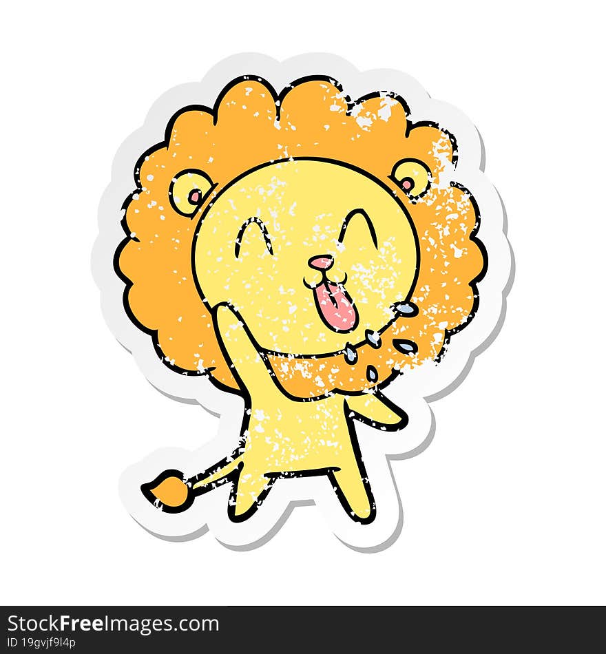 distressed sticker of a happy cartoon lion