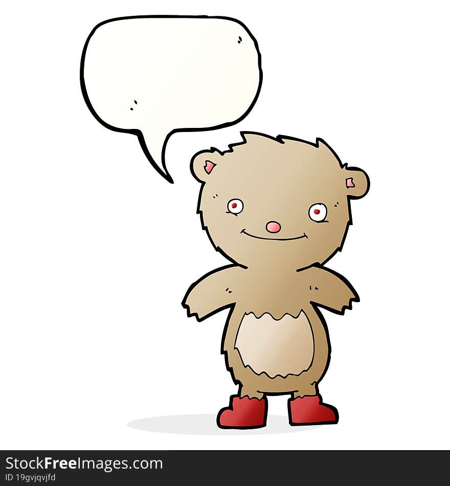 cartoon teddy bear wearing boots with speech bubble