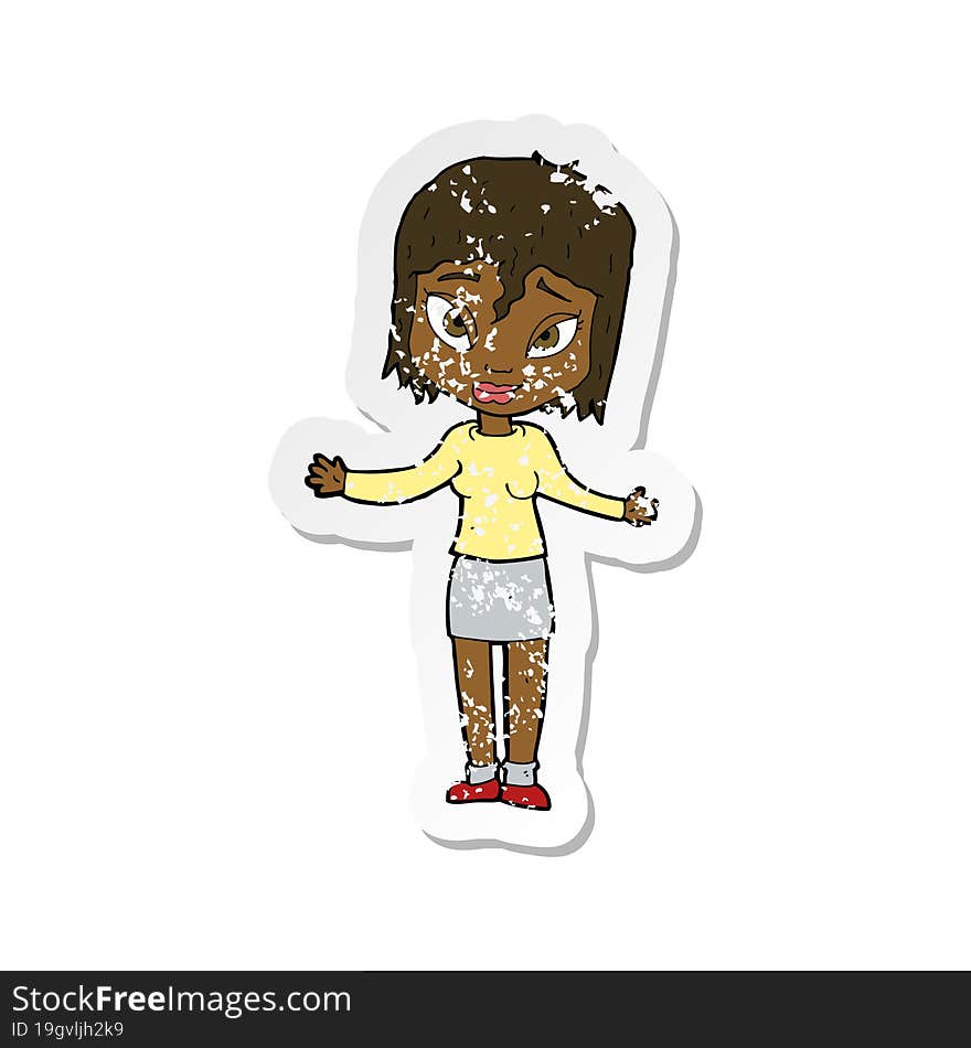 retro distressed sticker of a cartoon woman shrugging shoulders