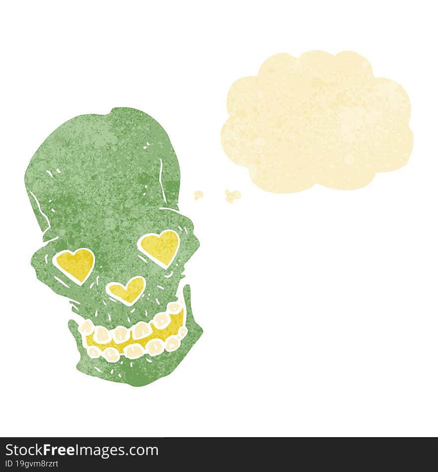 cartoon skull with love heart eyes with thought bubble