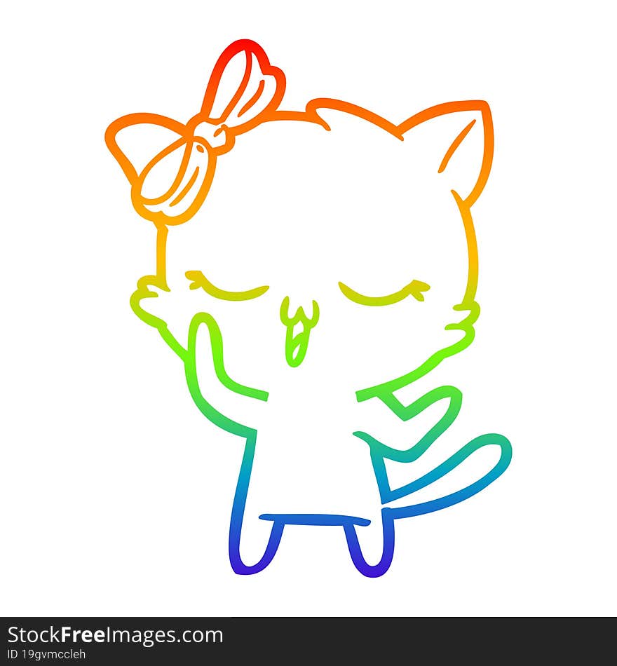 rainbow gradient line drawing of a cartoon cat with bow on head