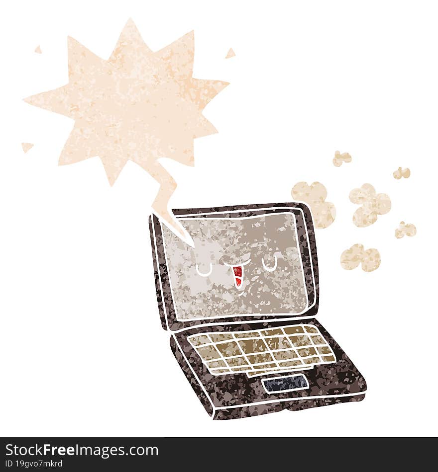 cartoon computer with speech bubble in grunge distressed retro textured style. cartoon computer with speech bubble in grunge distressed retro textured style