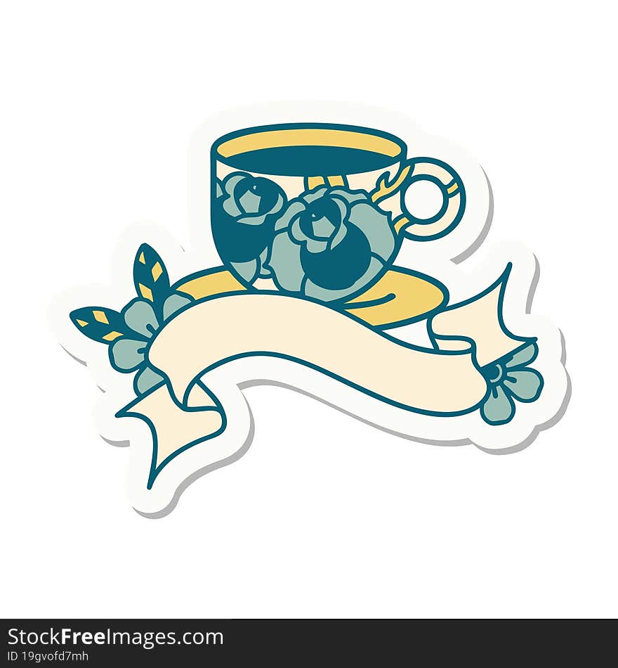 tattoo sticker with banner of a cup and flowers