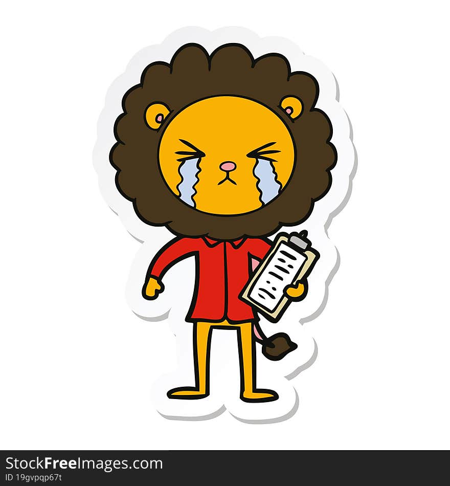 sticker of a cartoon crying lion with clipboard