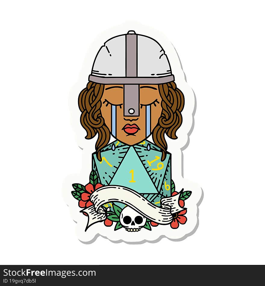 crying human fighter with natural one D20 dice roll sticker