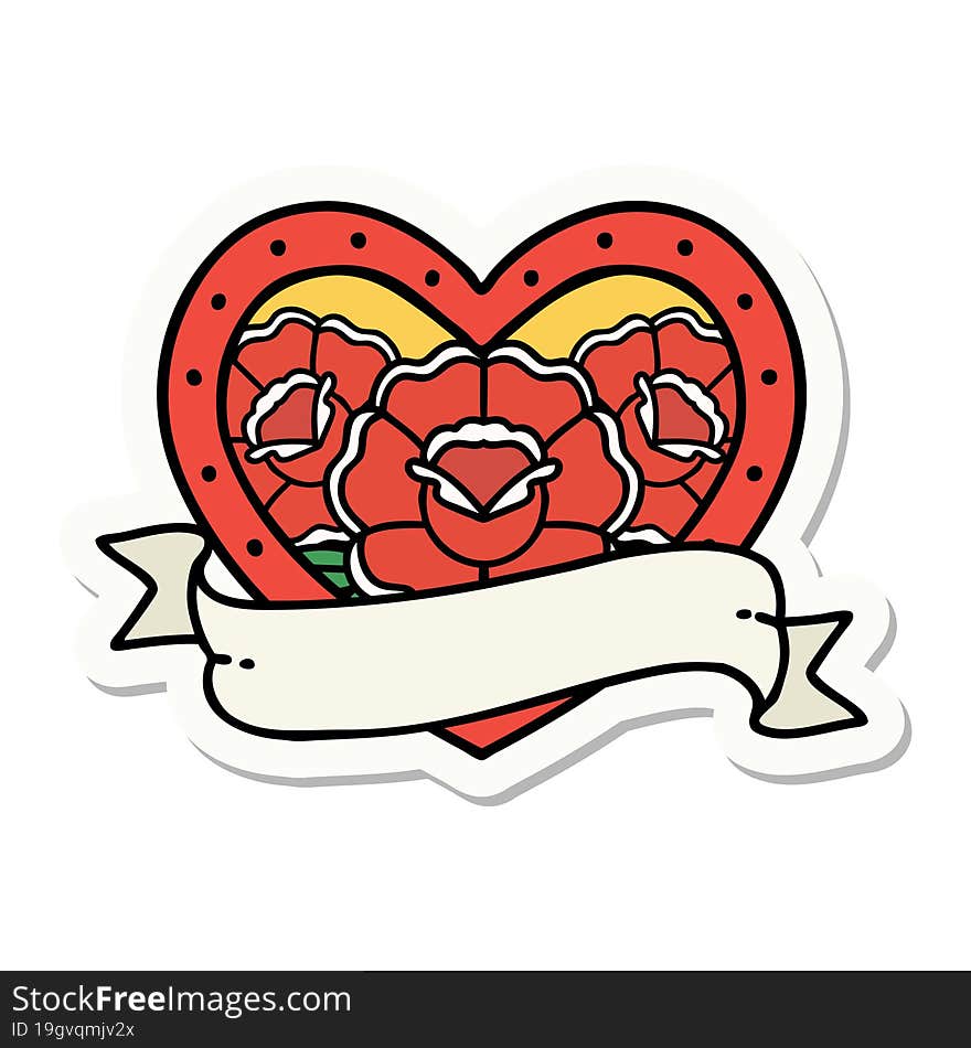 Tattoo Style Sticker Of A Heart And Banner With Flowers