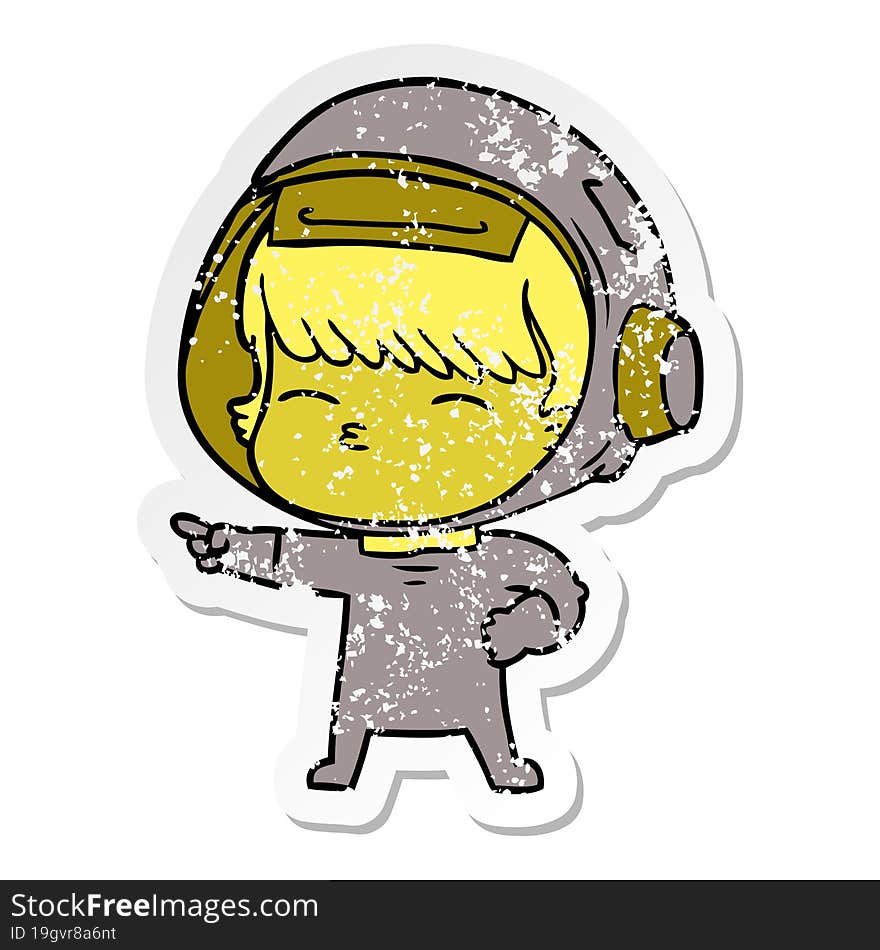 Distressed Sticker Of A Cartoon Curious Astronaut Pointing