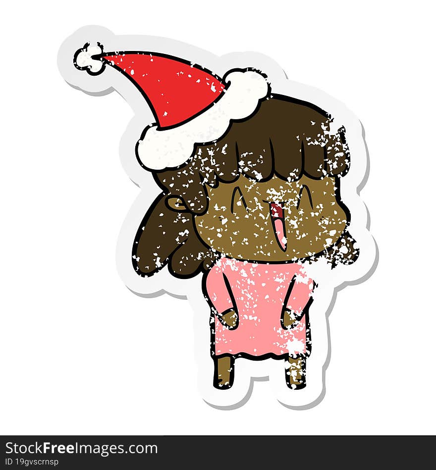 hand drawn distressed sticker cartoon of a woman wearing santa hat