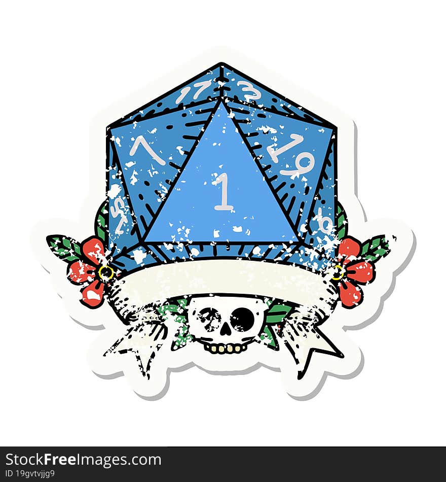 Natural One D20 Dice Roll Grunge Sticker