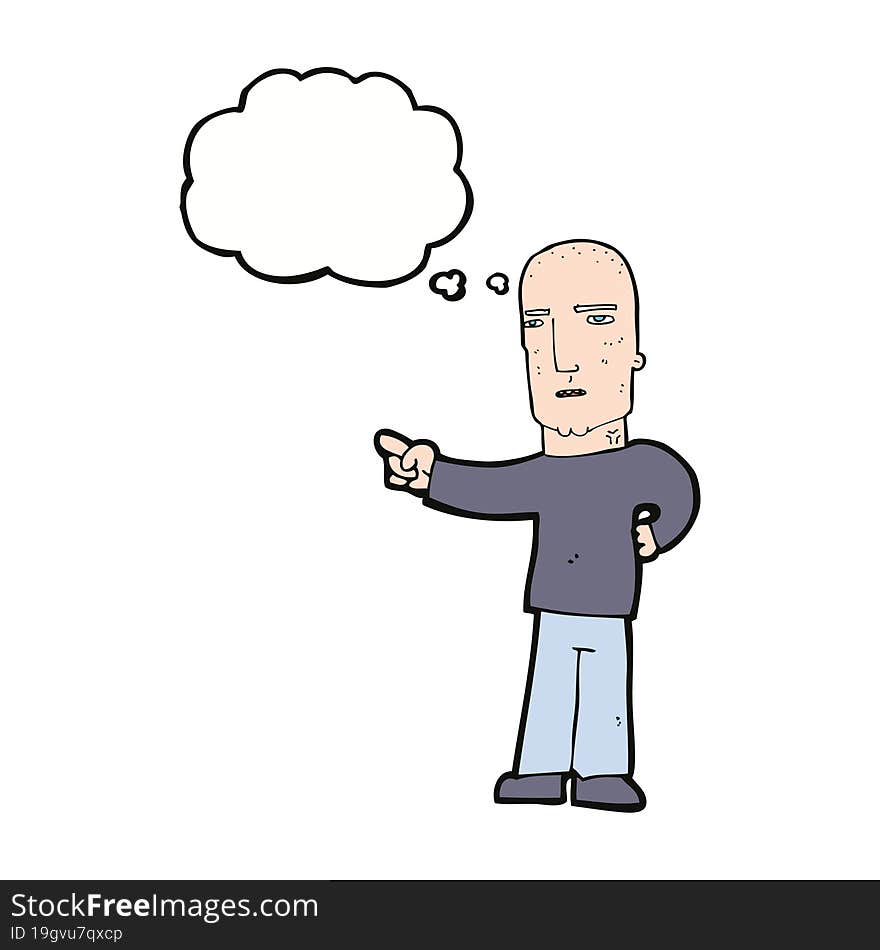 cartoon tough guy pointing with thought bubble