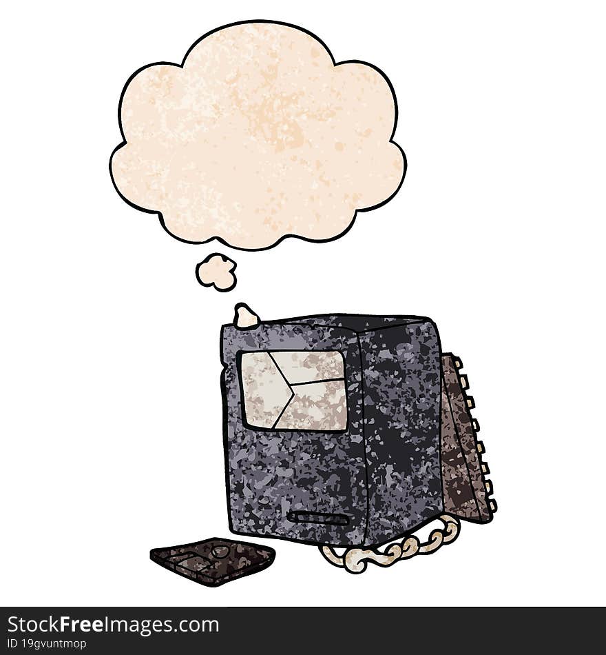 cartoon broken old computer and thought bubble in grunge texture pattern style