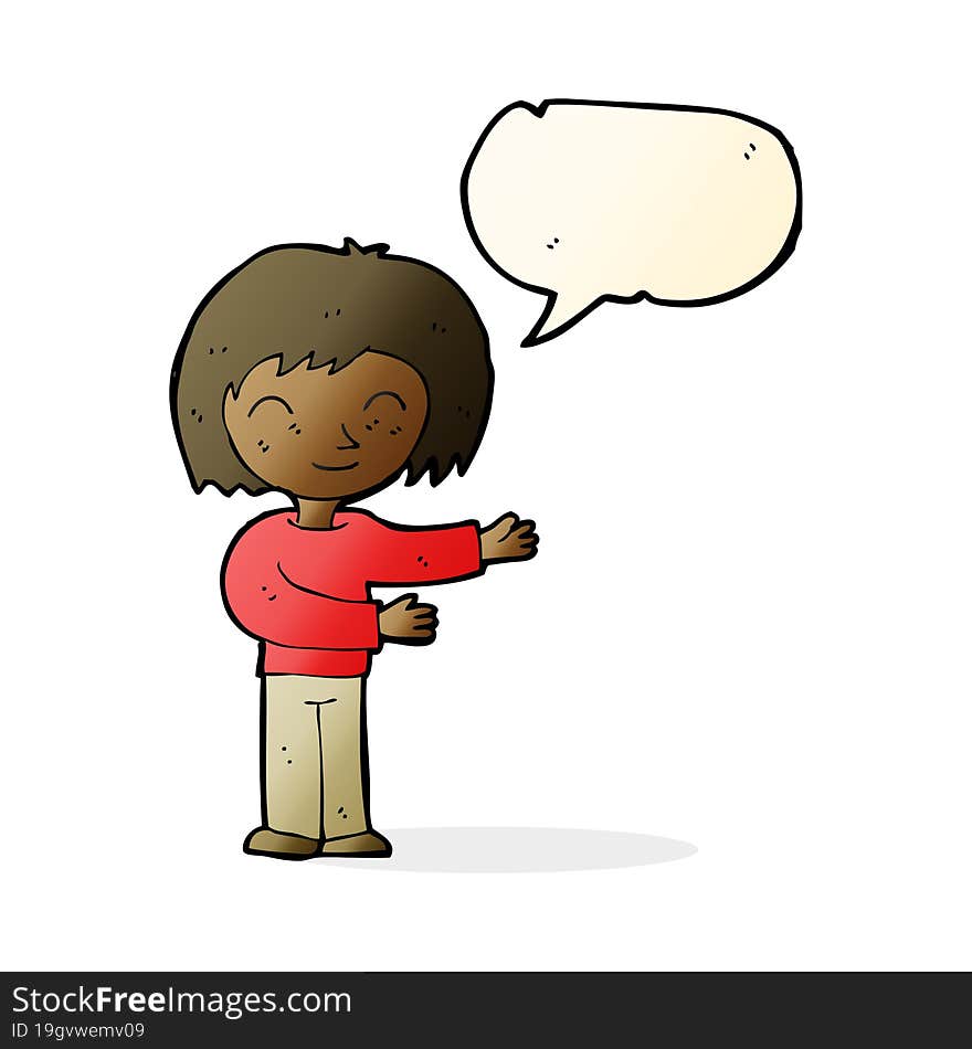 cartoon woman gesturing welcome with speech bubble