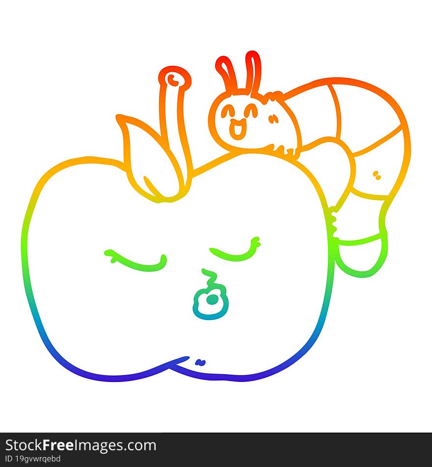 rainbow gradient line drawing of a cartoon pretty apple and bug