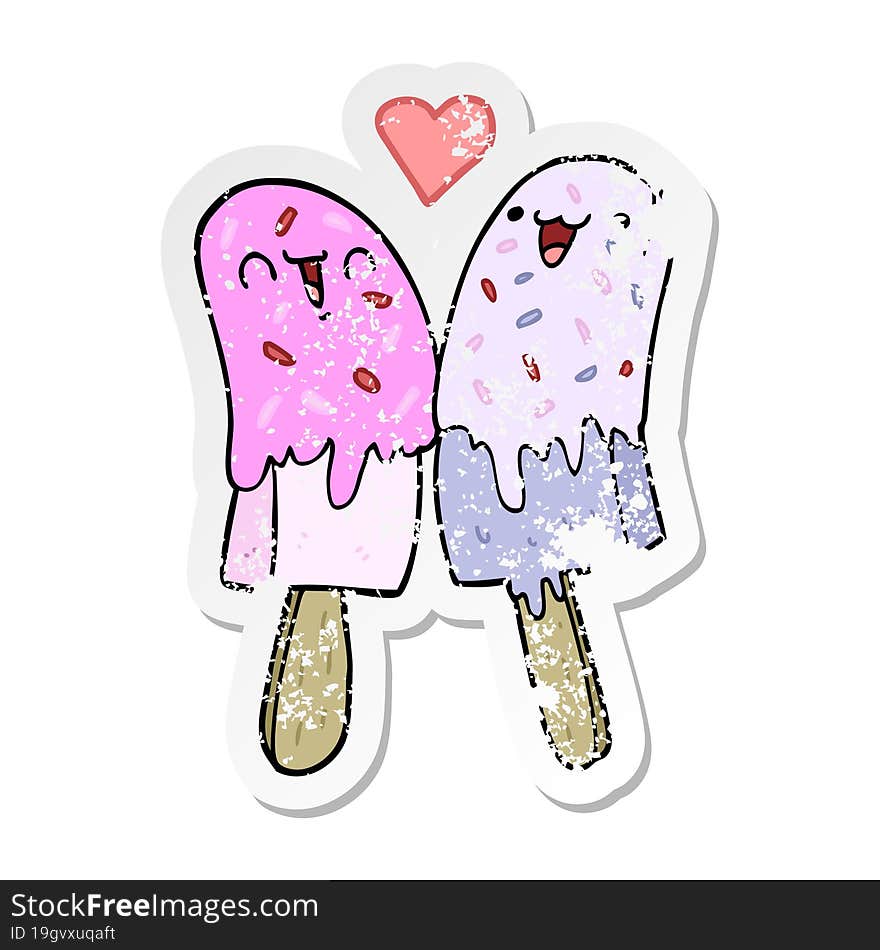 distressed sticker of a cartoon ice lolly in love