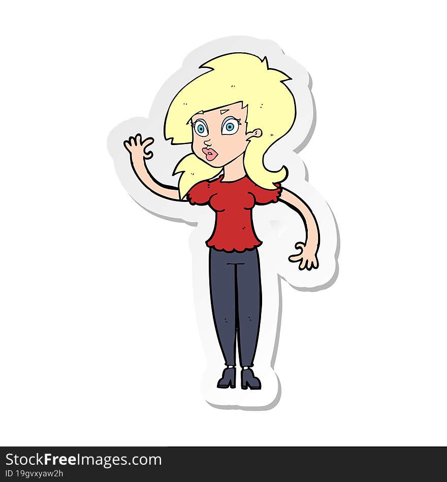 sticker of a cartoon pretty woman waving