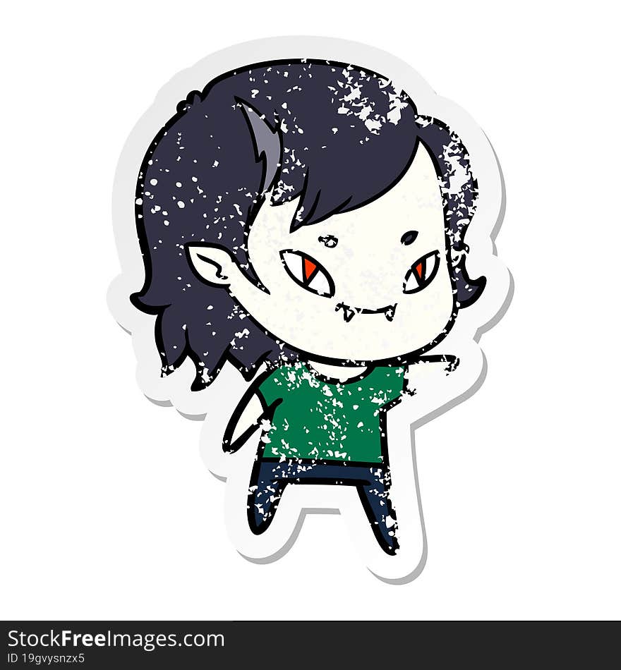 distressed sticker of a cartoon friendly vampire girl