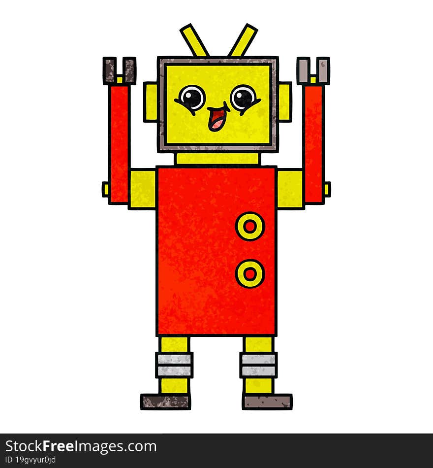 retro grunge texture cartoon of a happy robot