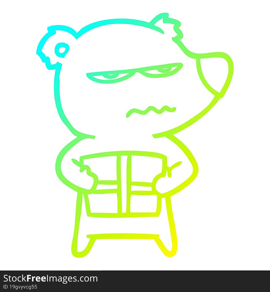 Cold Gradient Line Drawing Angry Bear Cartoon Holding Present