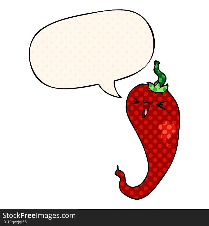 cartoon hot chili pepper and speech bubble in comic book style