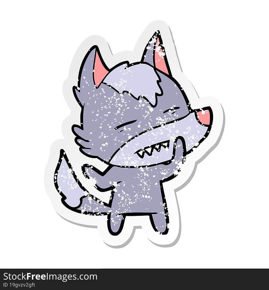 distressed sticker of a cartoon wolf showing teeth