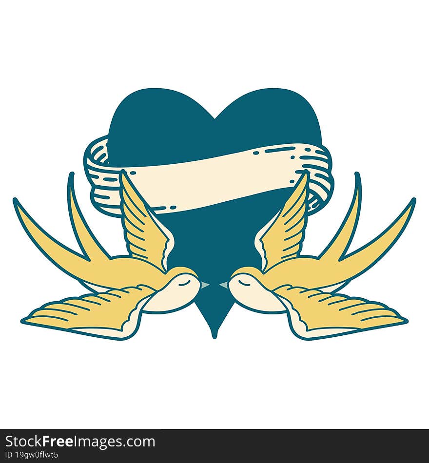 iconic tattoo style image of swallows and a heart with banner. iconic tattoo style image of swallows and a heart with banner