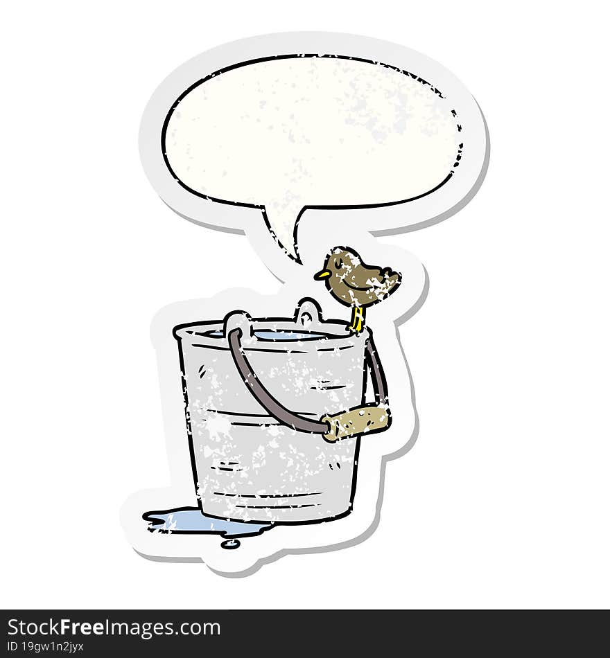 cartoon bird looking into bucket of water and speech bubble distressed sticker