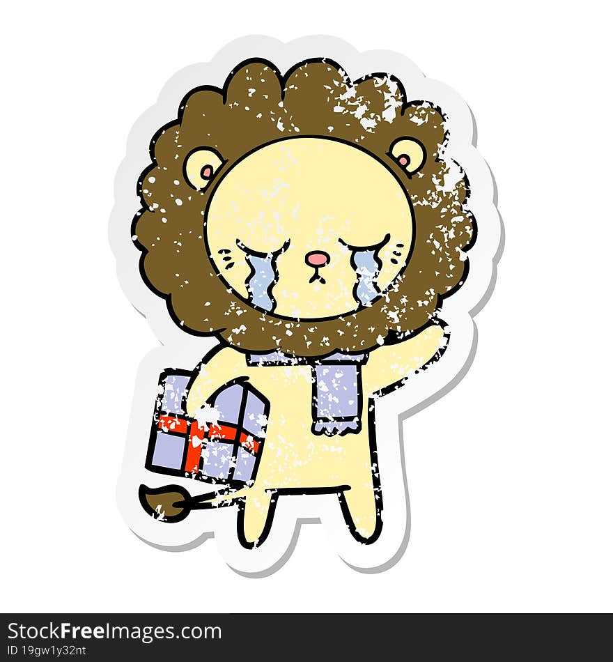 distressed sticker of a crying cartoon lion