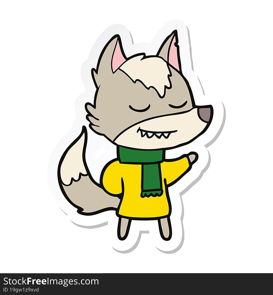 sticker of a friendly cartoon wolf wearing scarf